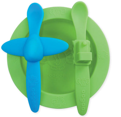 Set bowl y cucharas silicona verde/azul, Oogaa - KIDSCLUB Tienda ONLINE